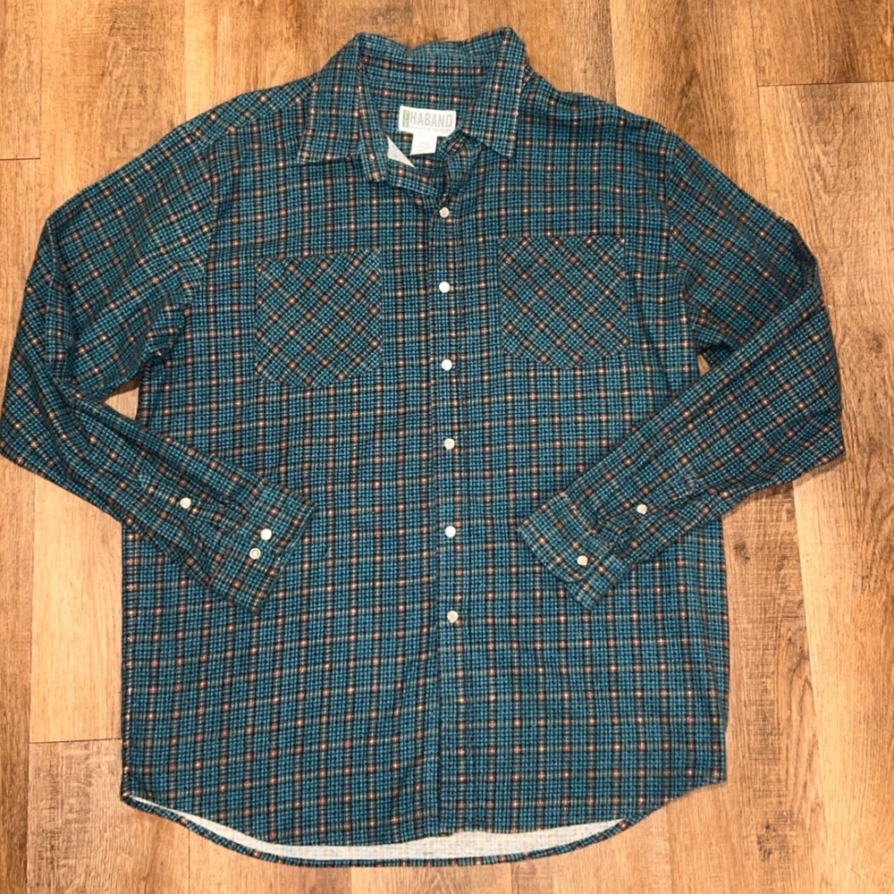 Haband Mens Teal Blue Brown Plaid Flannel Button Down Shirt Style 14D Large